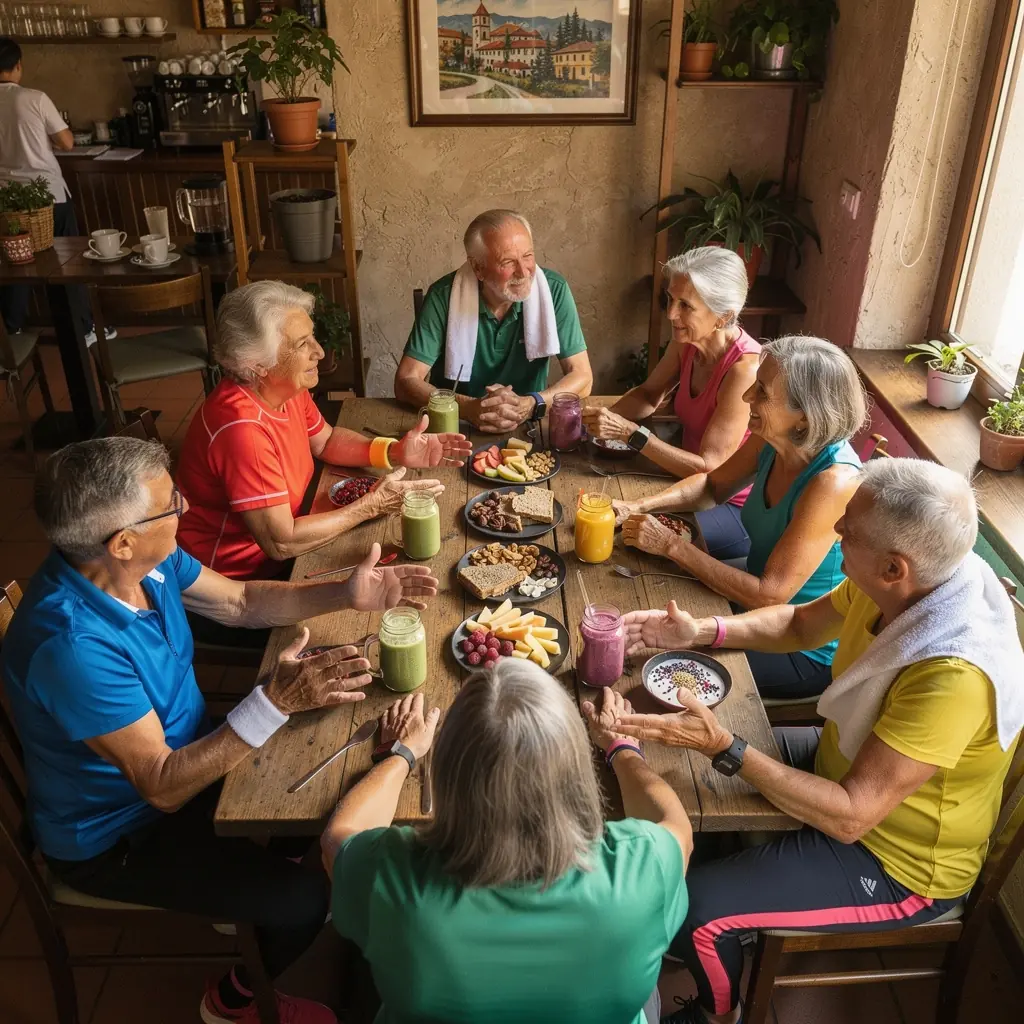 Дядо и баба, които тренират с еластични ленти, усмихнати и щастливи.