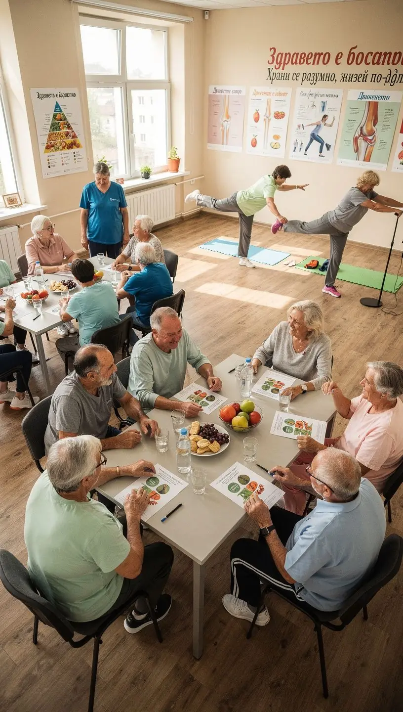 Старши дама, която изпълнява нежни упражнения за разтягане в домашна обстановка.
