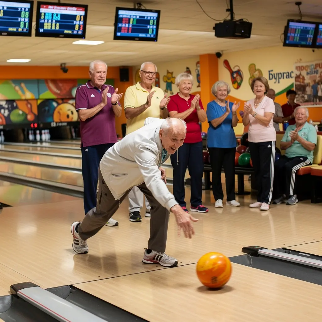 Група от пенсионери, участващи в онлайн фитнес клас с инструктор.