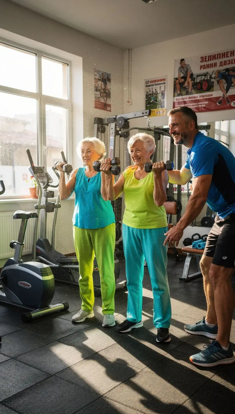 Група от активни възрастни, ангажирани в интерактивно онлайн обучение.